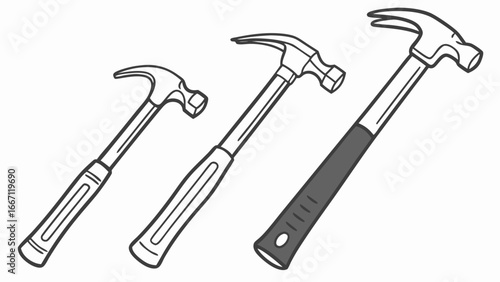 Three claw hammers of varying sizes are displayed in a line, showcasing their distinct designs and handles.