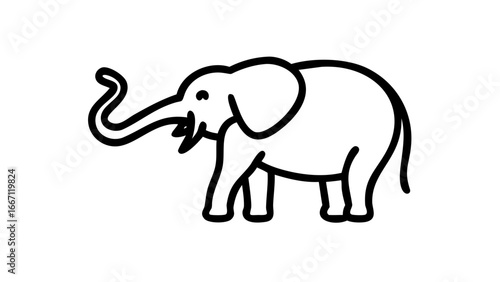 Simple black and white line drawing of an elephant with its trunk raised.