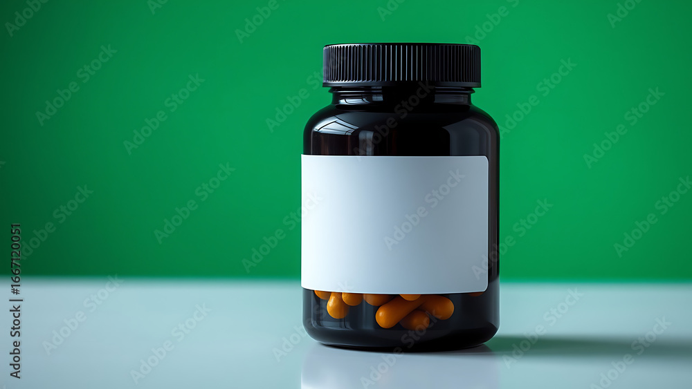 Obraz premium Black Supplement Jar blank mockup on White Table with Green Background