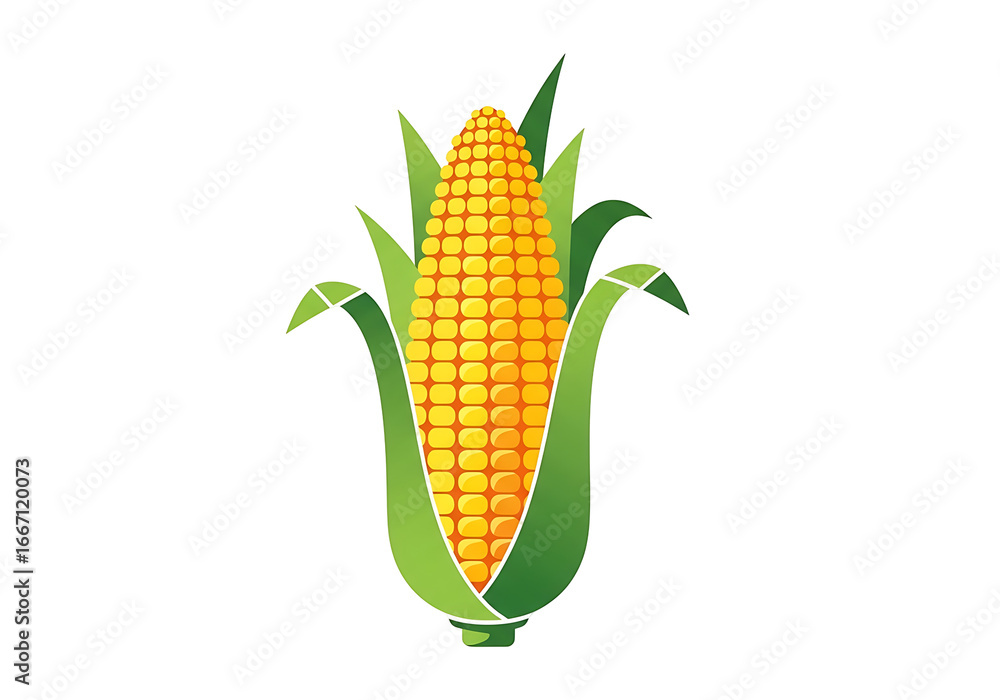 Obraz premium A vibrant illustration of a corn cob, displaying detailed kernels and vibrant green leaves against a plain black background.