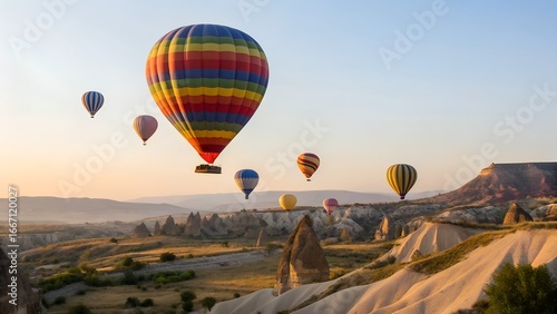 Colorful hot air balloons soar over cappadocia s unique landscape at sunrise