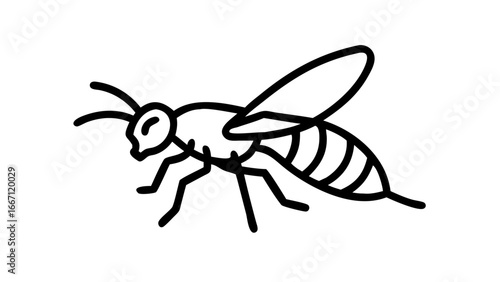 A simple black and white line drawing of a wasp in profile view, showcasing its segmented body and wings.