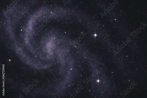 Distant spiral galaxy swirls with bright stars against dark space