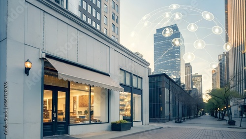 Urban street scene with modern buildings and a storefront