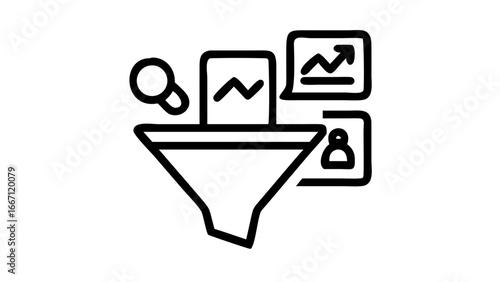 Data analysis funnel with reports, graphs, and user icons, illustrating the process of filtering and selecting relevant information.