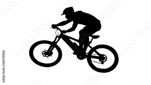 Silhouette of a mountain biker riding an electric bicycle on a white background.