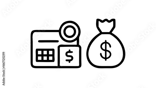 Outline icon depicting financial security with a credit card, lock, and money bag, symbolizing protected transactions and wealth management.