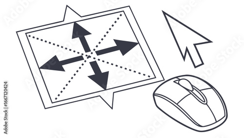 Computer mouse cursor control diagram and mouse illustration.