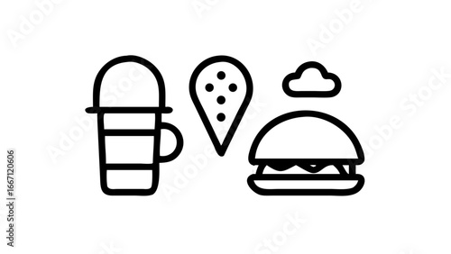 A stylized illustration featuring a drink cup, an ice cream cone, and a hamburger with a cloud.