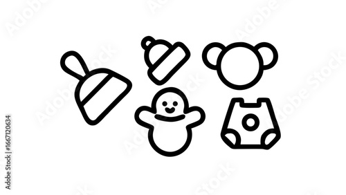 A collection of simple line art icons representing baby items including a rattle, hat, snowman, bear face, and bib.