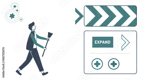 A person with a broom looking up at floating shapes, with expansion and plus icons.