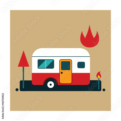 Retro camper trailer with campfire and tree camping