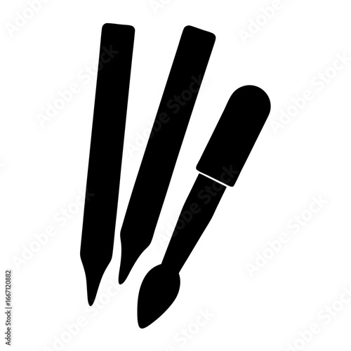 Black silhouettes of a pencil, marker, and brush on white background