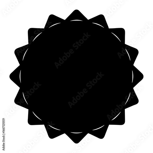 Black circular geometric badge with pointy edges and a white outline detail