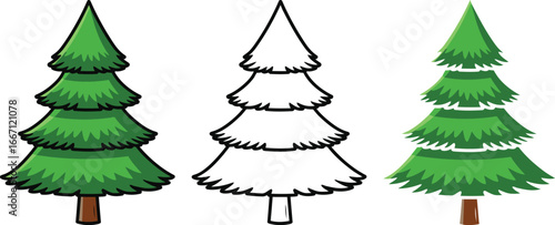 Three cartoon christmas trees one colored one outlined and one partially colored perfect for holiday designs and festive projects
