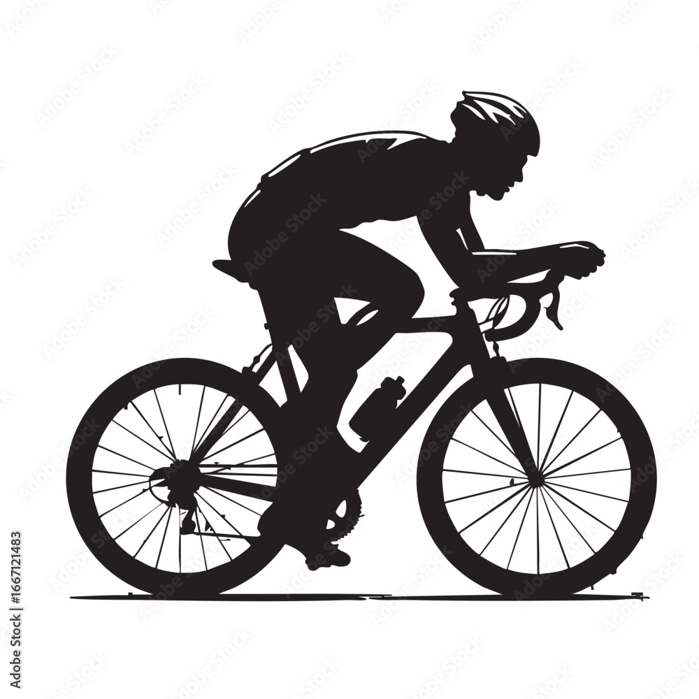 Naklejka premium Silhouette of a Cyclist Riding a Racing Bicycle Wearing a Helmet Against White Background Endurance and Fitness Concept
