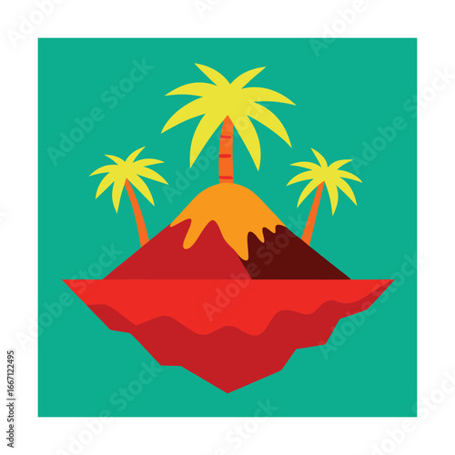 Floating island with volcano and palm trees mountain