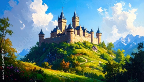 Wallpaper Mural Majestic Castle on Hilltop, Scenic Mountain View, Fantasy Landscape. Torontodigital.ca