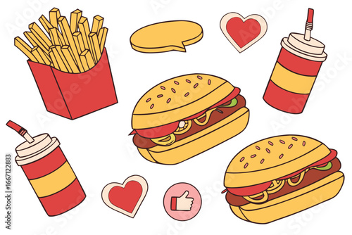 fast food items and social media icons isolated on white background.