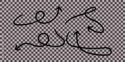 A collection of hand drawn arrows with swirls and curves on a checkered transparent background