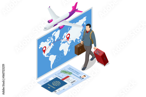 Isometric illustration of a man with suitcase and passport, approved work permit for migration abroad