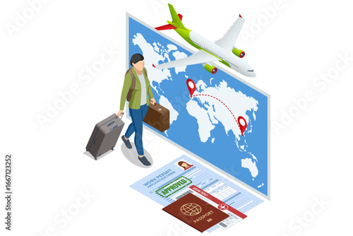 Isometric illustration of a woman with luggage, passport and approved work migration permit for traveling abroad