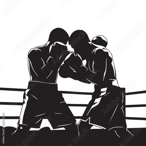 Intense Boxing Match Black and White Silhouette of Two Fighters in the Ring Engaging in Close Combat