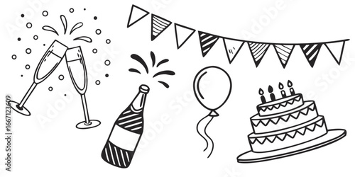 hand-drawn celebration elements illustration design and isolated on white background.