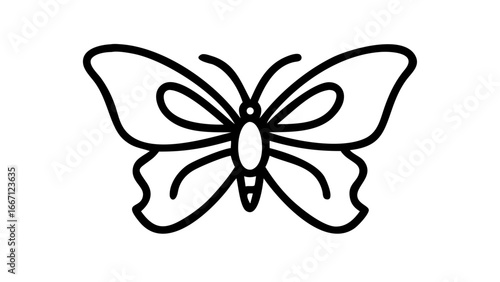 A simple, elegant black and white line drawing of a butterfly with detailed wings and antennae.