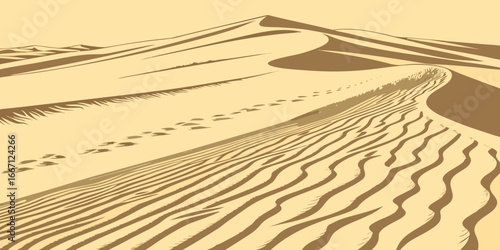 desert sand dunes landscape with wind carved ripple patterns and golden textures illustration design.
