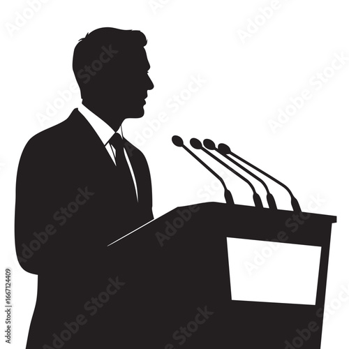 Silhouette of a public speaker at a podium with multiple microphones addressing an audience with conviction and confidence expressing authority