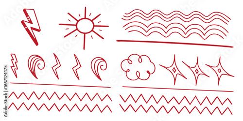 hand drawn red line art doodles featuring natural elements weather patterns and decorative borders isolated on white background.