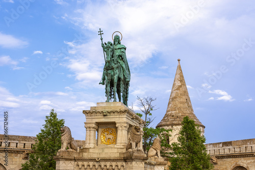 Statue of Saint Stephen in Budapest, Hungary on blue skye