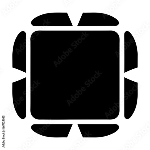 Abstract black square with rounded corners, augmented by triangular and curved extensions