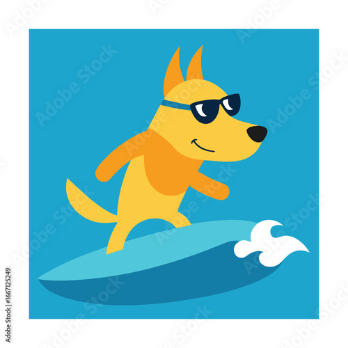Yellow dog wearing sunglasses surfing on a blue wave