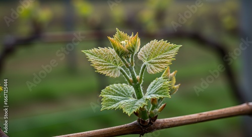 Closeup of new grape leaves budding on a vine light green and yellow in color with soft focus background