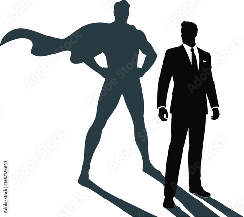 Businessman silhouette with superhero shadow, leadership and confidence concept, power, ambition, success, inspiration, motivation, achievement, strength, vision, professional growth, potential