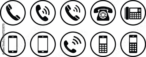 Telephone icons, phone communication symbols, mobile smartphone signs, retro rotary phone, call button, contact icons, vector set, communication technology illustration