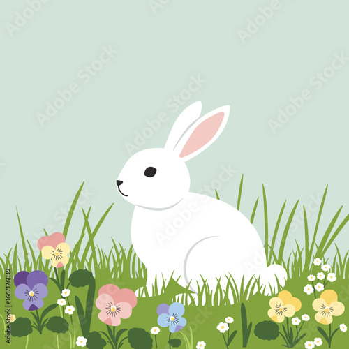 White bunny sitting in fresh spring grass with small flowers, flat vector illustration in minimal clean design, pastel palette