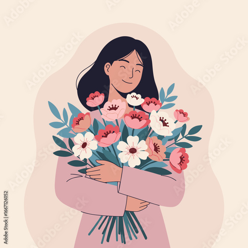 Flat vector illustration of woman embracing floral bouquet, minimal clean design with pastel palette, modern elegant style