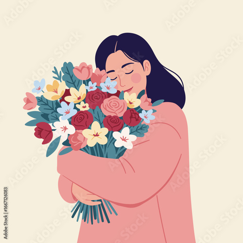 Woman hugging floral bouquet, flat vector illustration in minimal clean design, pastel palette, modern style
