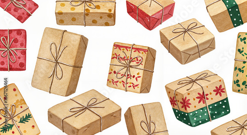 Gifts wrapped in kraft paper and tied with string, scattered watercolor illustration in cozy festive colors, hand-painted holiday concept