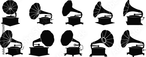 Vintage gramophone silhouette collection, retro music player icons, antique phonograph design set, old fashioned audio equipment, classic sound recording illustration, nostalgiaVintage gramophone sil
