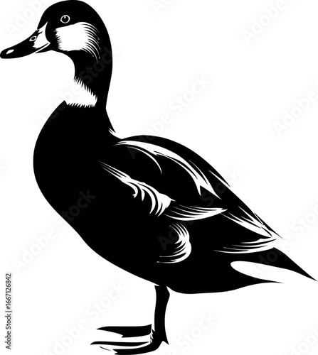 Duck silhouette standing side view, elegant wild bird vector illustration, detailed feather design, waterfowl animal artwork for logo, print, and tattoo