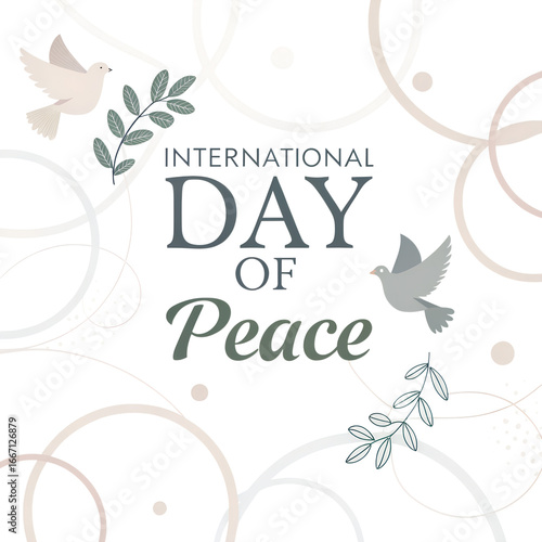 intricate hand-drawn illustration, international day of peace, white dove with olive branch, floral decorative border, lettering, colorful, vibrant, whimsical, digital art, botanical, decorative