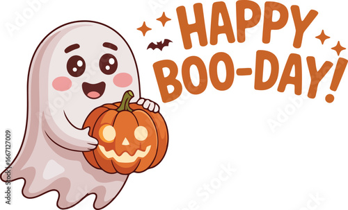 Cute ghost holding a jack o lantern with happy boo day text halloween pumpkin