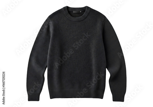 A dark gray knitted sweater with a crew neckline and long sleeves is displayed against a stark black background.