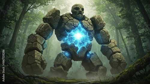 Enormous stone golem glowing in enchanted forest