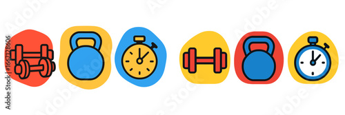 Fitness equipment and stopwatch icons, Minimalist flat design