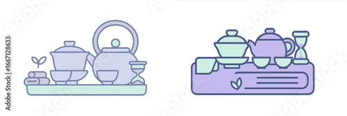 Tea Ceremony Set with Hourglass and Leaves, Minimalist flat design
